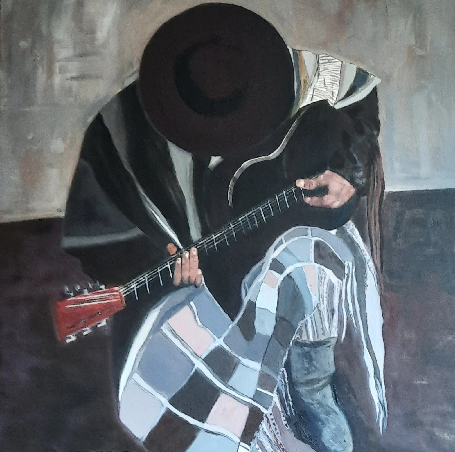 Een geschilderd portret van een gitarist met een donkere hoed en een gitaar in de handen.